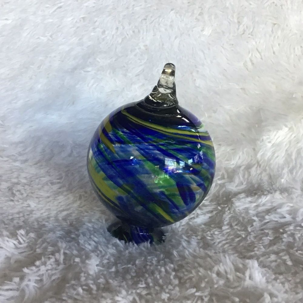 Hand Crafted Glass Orb with Vibrant Blue and Yellow Patterns - Picture 2 of 6